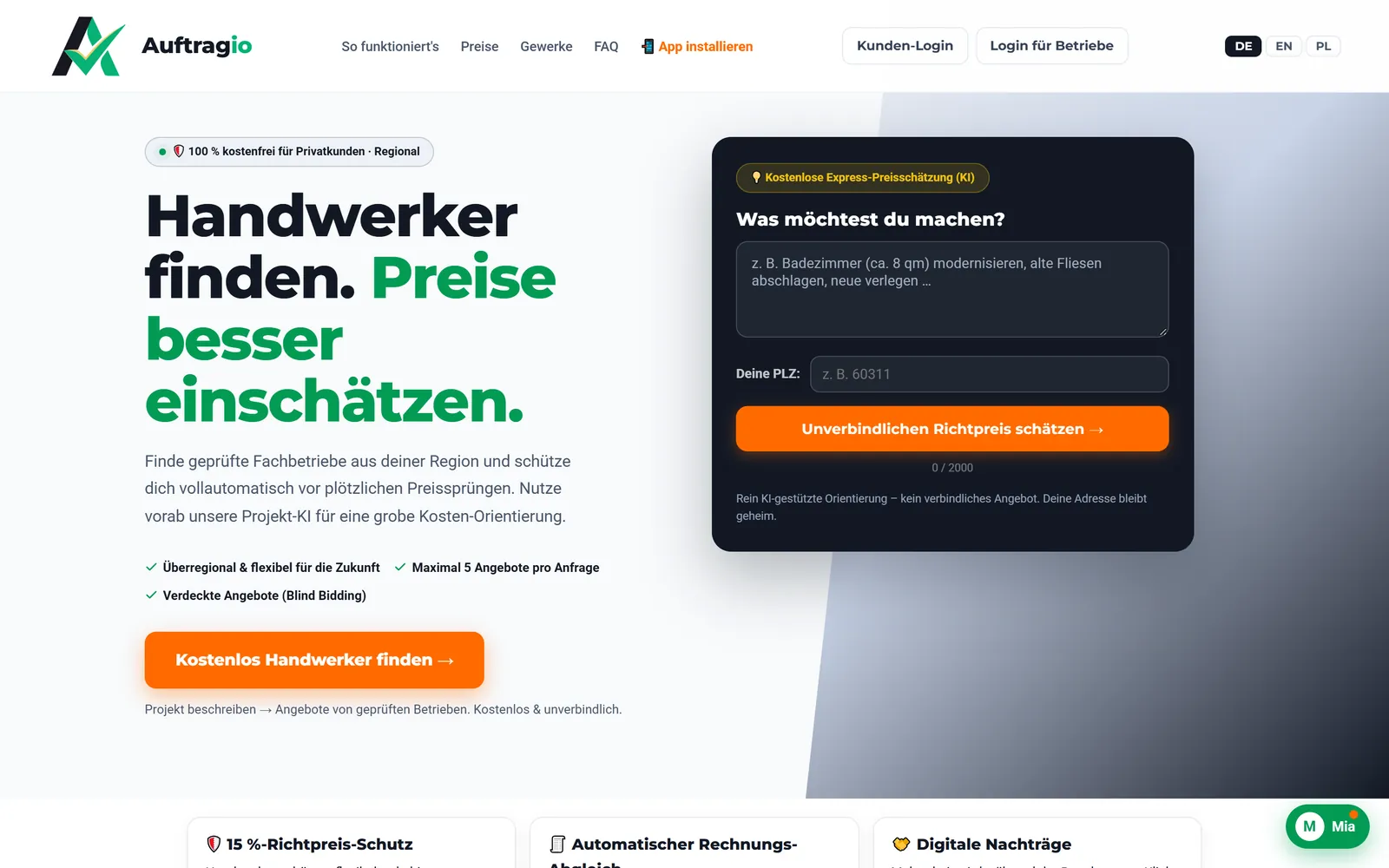 Startseite von Auftragio