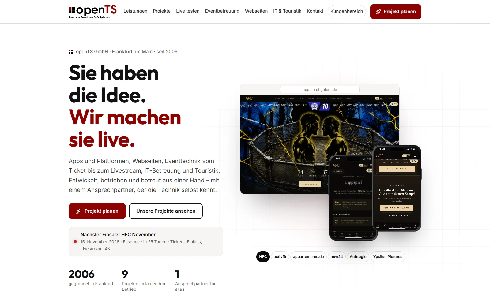 Neue Startseite von opents.de mit Projekten und Handy-Ansicht